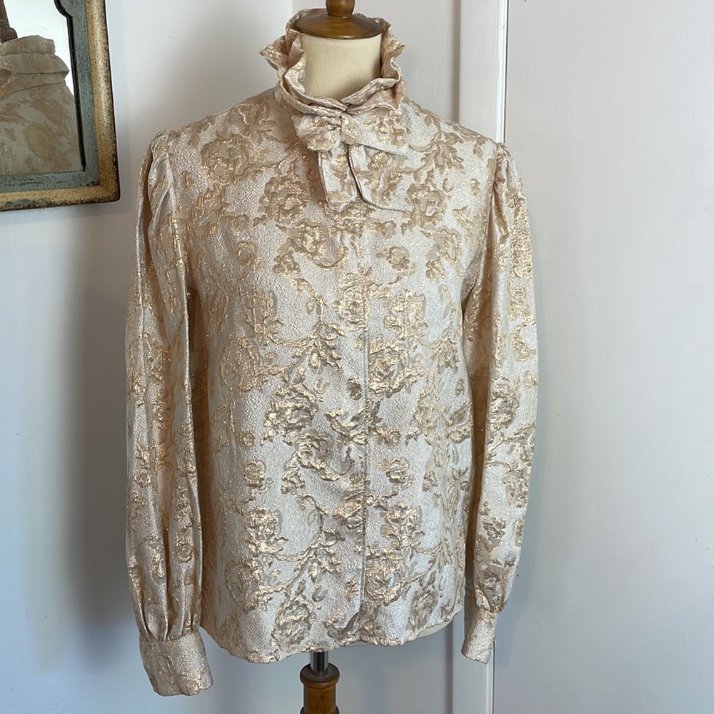 Christian Dior Vintage Gold & Ivory Ruffled Collar Blouse M